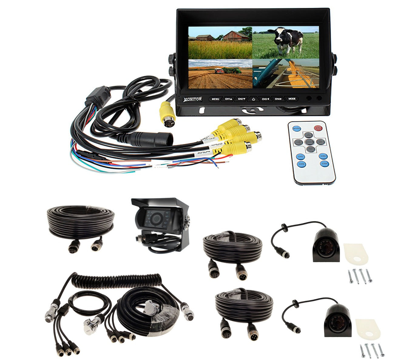 7" Quad Screen High Definition trailer camera kit with DVR - 1 AHD rear cam, 2 AHD side cams
