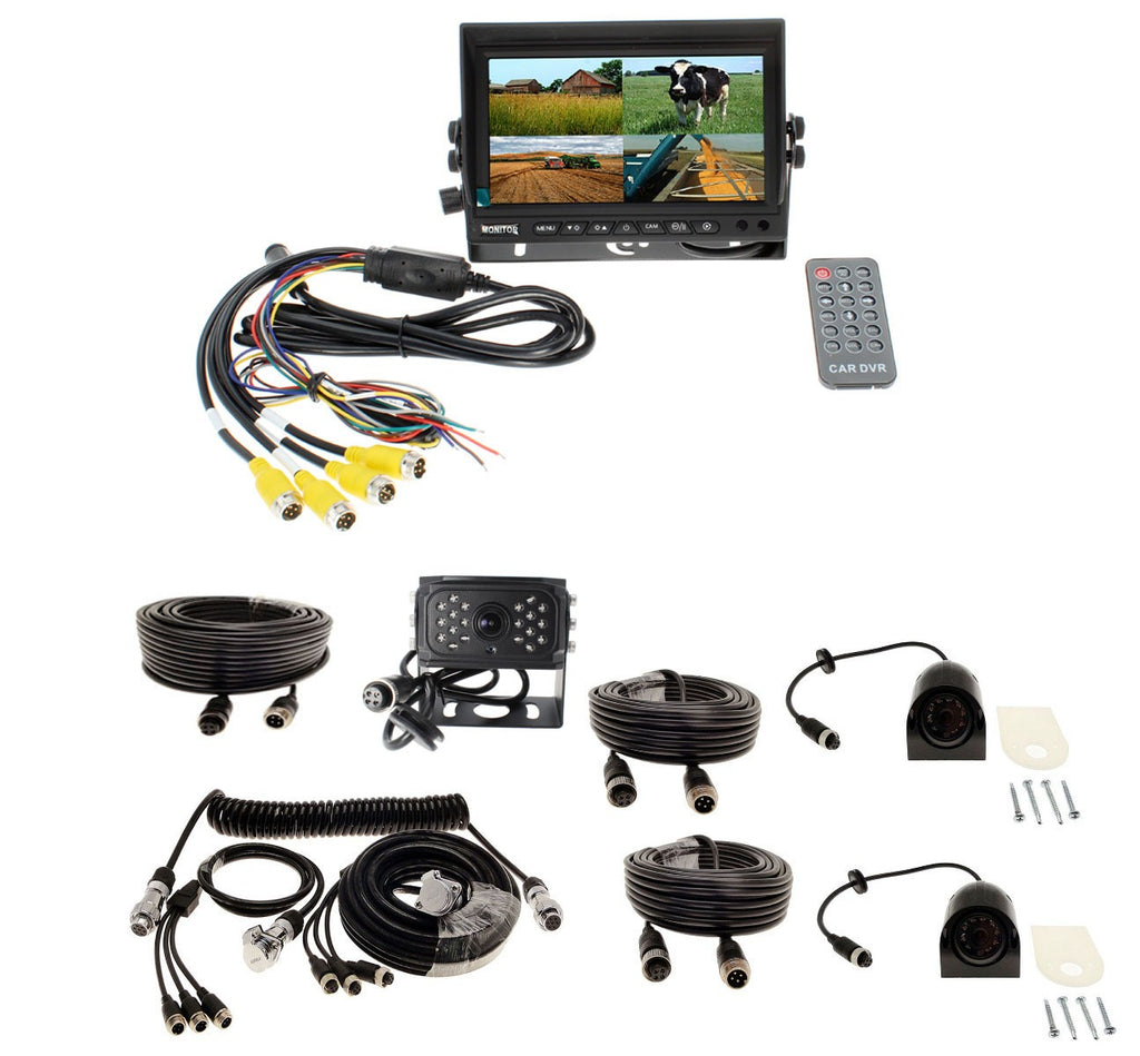 7" Quad Screen High Definition trailer camera kit with DVR - 1 AHD rear cam, 2 AHD side cams