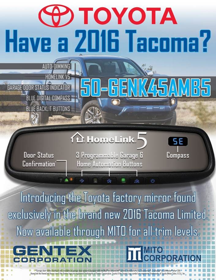 Gentex® Rearview Mirror with Auto Dim, HomeLink®, Compass, Fits 2016-2018 Tacoma