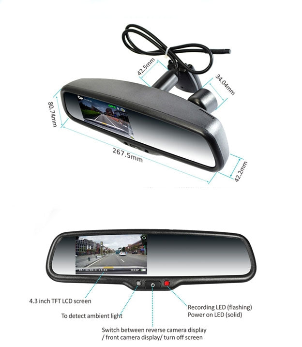License plate mounted backup camera, Mirror with dash cam and DVR
