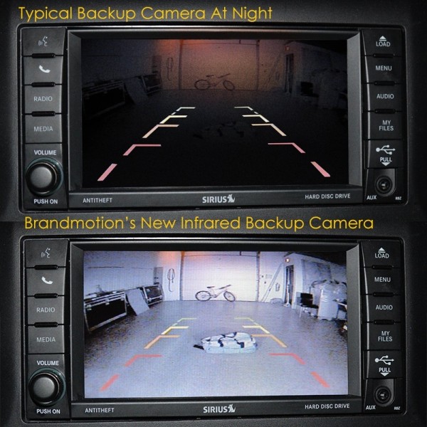 Observe the difference between a typical rearview camera and a backup camera with infrared camera